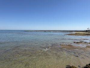 Sonniger Strand mit Palmen und Felsen Hier gibt es ebenfalls Corralles