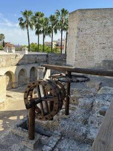 Historisches Wasserrad vor Steinmauer und Palmen Historisches Wasserrad