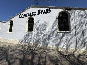 Weißes Gebäude mit Baumschatten Besuch der Bodegas von Gonzalez Byass