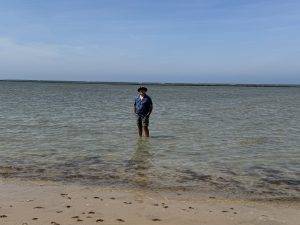 Strandspaziergang im flachen Wasser Abkühlung im Meer