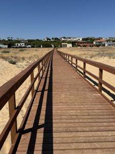 Holzweg durch Dünen zur Siedlung Hölzerne Stege durch die Dünen erleichtern den Strandzugang